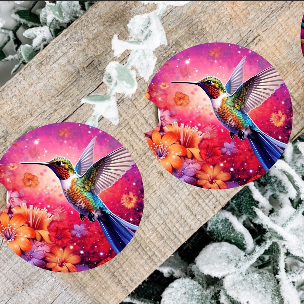 Handmade Morning Hummingbird Car Coasters | Set Of Two Sublimated Car Coasters